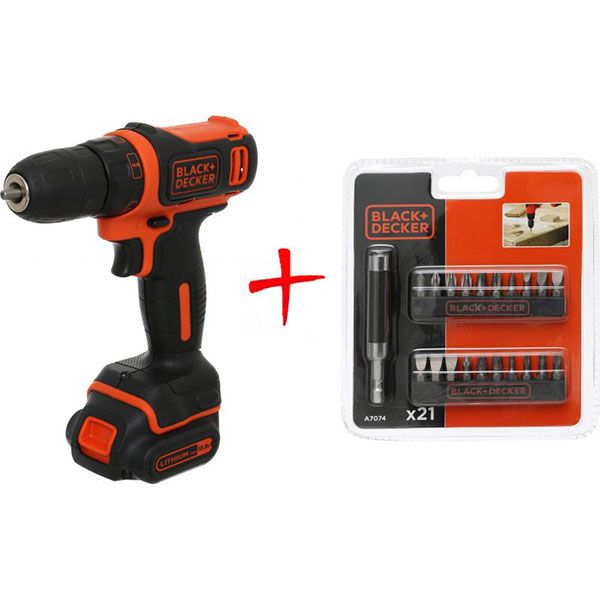 Шуруповерт аккумуляторный Black&Decker BDCDD12B_A + набор бит A7074