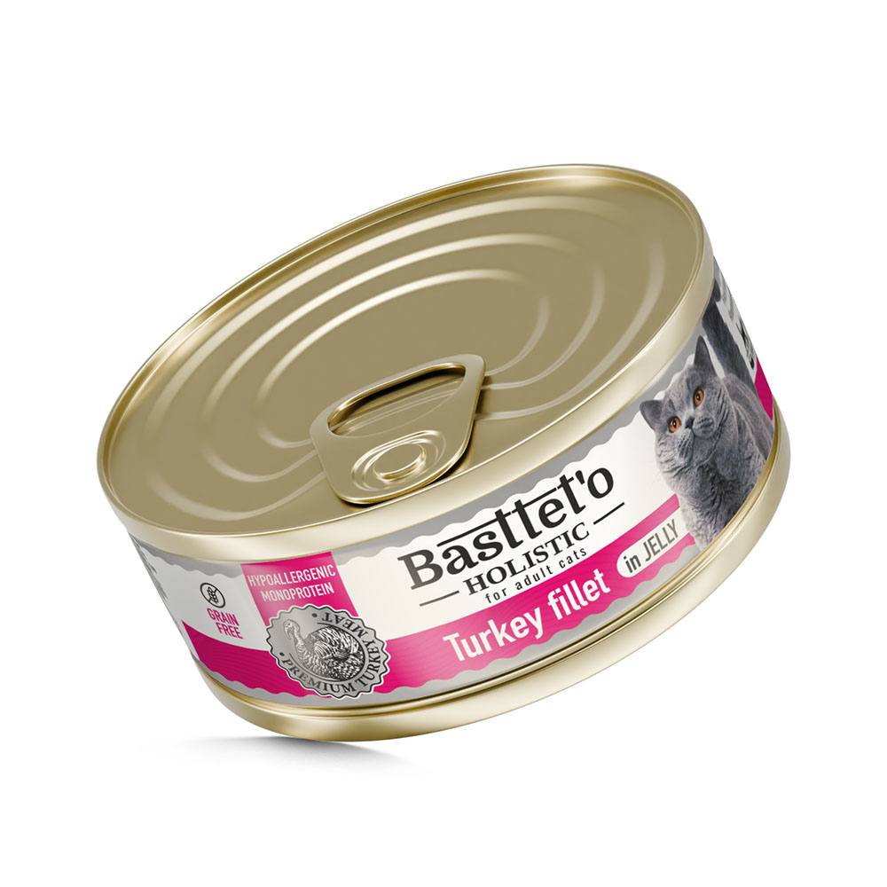 Корм вологий для котів Basttet`o Holistic, шматочки філе індички в желе 85 г