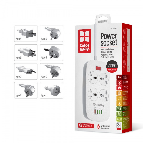 Подовжувач ColorWay (1QC3.0 + 3 AUTO ID) із заземленням 4 гн. white 1,8 м CW-CHU44QW 