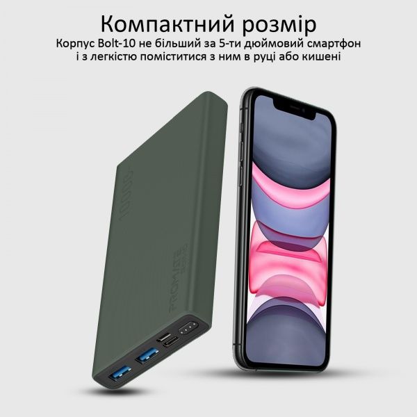 Внешний аккумулятор (Powerbank) Promate Bolt-10 10Вт 2xUSB 10000 mAh green (bolt-10.midnightgreen) 