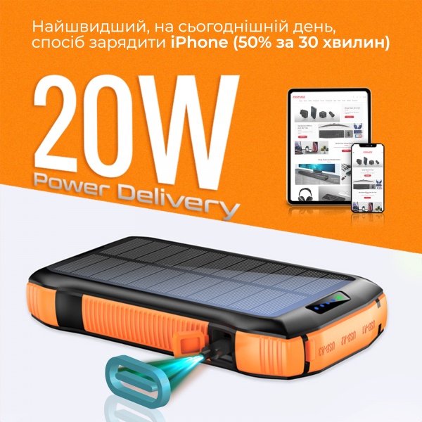 Універсальна мобільна батарея Promate 20000 mAh black (solartank-20pdqi.black) із сонячною панеллю 