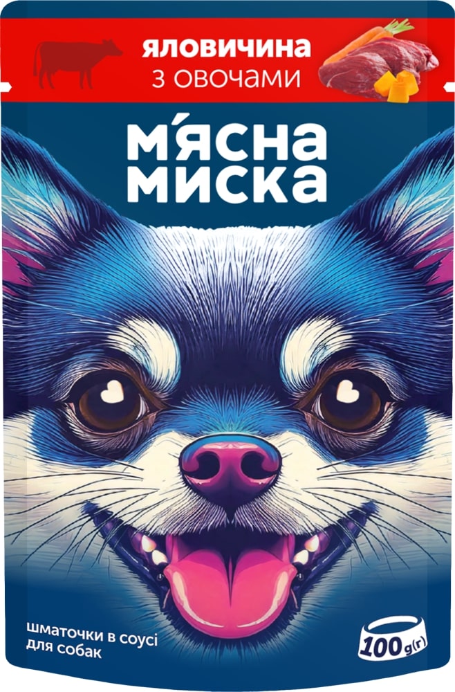 Корм вологий М'ясна миска для собак шматочки в соусі з яловичиною та овочами 100 г