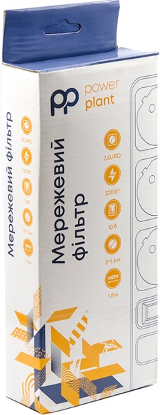 Сетевой фильтр PowerPlant 1.8 м, 3x1.5 мм², 10А, 3 розетки, евростандарт (JY-1054/1.8), коробка PPSA10M18S3B 