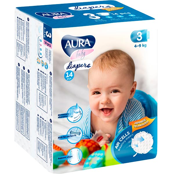 Підгузки Aura 3 4-9 кг 14 шт.