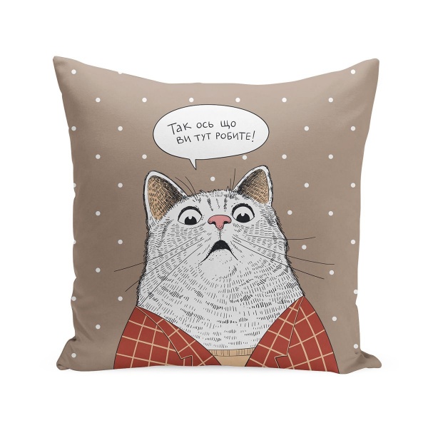 Подушка декоративная Удивлённый кот 38x38 см бежевый с рисунком Orner 