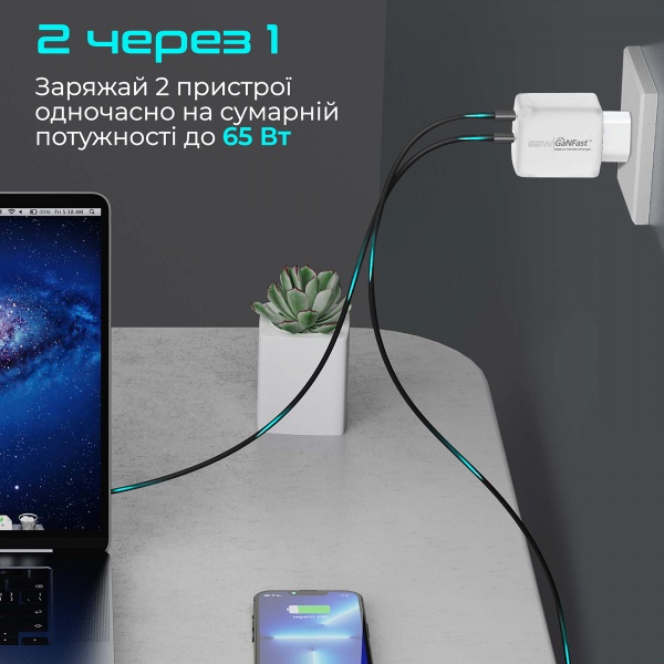 Мережевий зарядний пристрій Promate PowerPort-65 Вт, 2хUSB-C Power Delivery white 