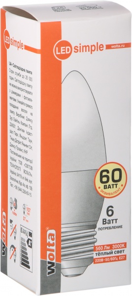 Лампа светодиодная Wolta 6 Вт C37 матовая E27 220 В 3000 К 25YC6E27-S 