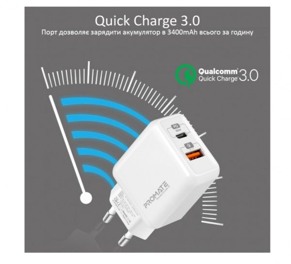 Зарядное устройство Promate PowerCube-2 18Вт Type-C PD + USB QC3.0 White