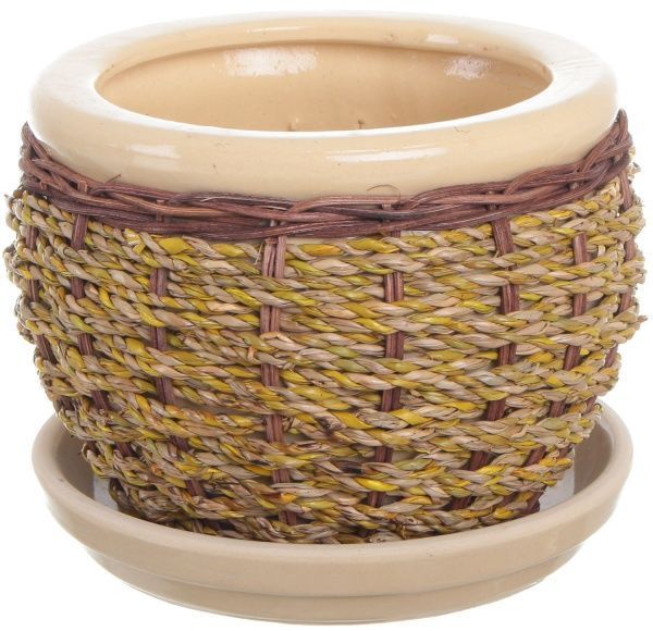 Горшок Viet Thanh Ceramic с блюдцем плетеный 16х13 см VT.10875-3 круглый бежевый с коричневым 