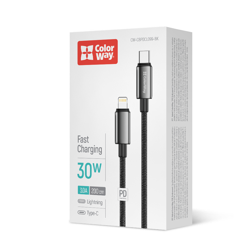 Дата-кабель ColorWay Type-C - Apple Lightning (zinc alloy braided) (PD Fast Charging 30W) 2 м black (CW-CBPDCL099-BK) — фото 1
