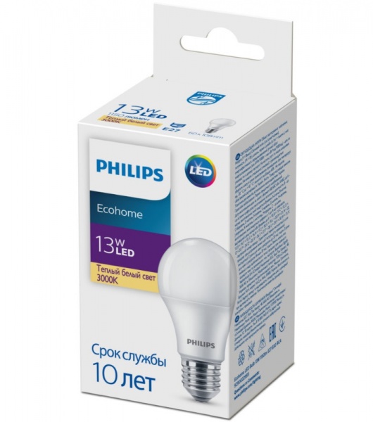 Лампа светодиодная Philips EcoHome 13 Вт A60 матовая E27 220 В 3000 К 929002299517 