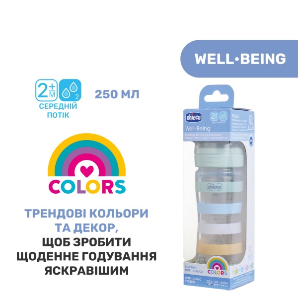 Пляшечка Chicco Well-Being Colors 2м+ м'ятна 250 мл (28623.21)