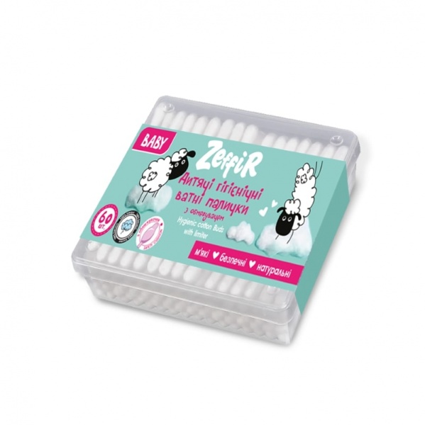 Ватные палочки ZEFFIR с ограничителем 60 шт. (квадратная)