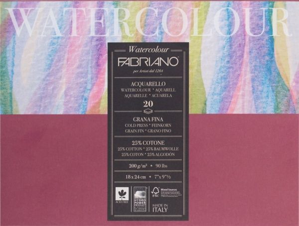 Склейка-блок для акварели Watercolor среднее зерно  A5 18х24 см 200 г/м² 20 листов Fabriano