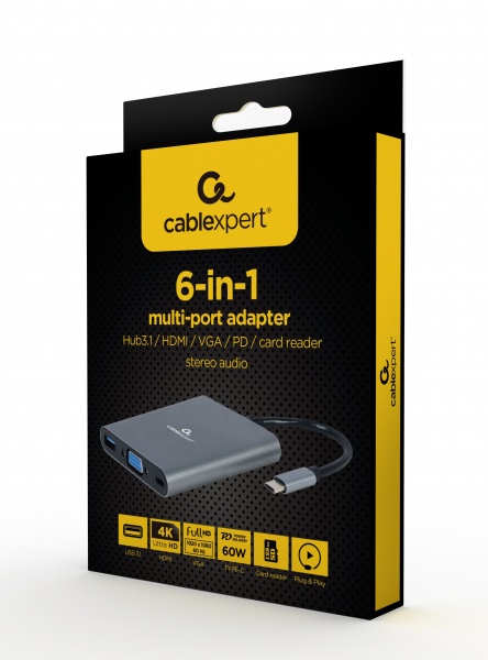 Док-станция A-CM-COMBO6-01, 6-в-1 (Hub3.1 / HDMI / VGA / PD / карт-ридер / стереоаудио)
