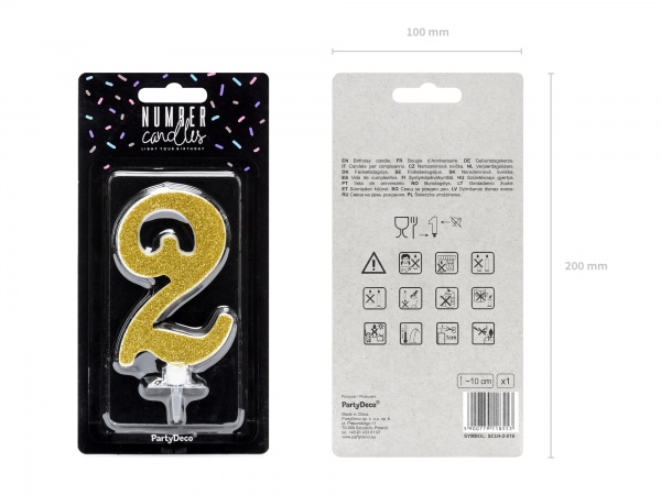 Свеча для торта Partydeco цифра 2 золотая 10 см (SCU4-2-019)