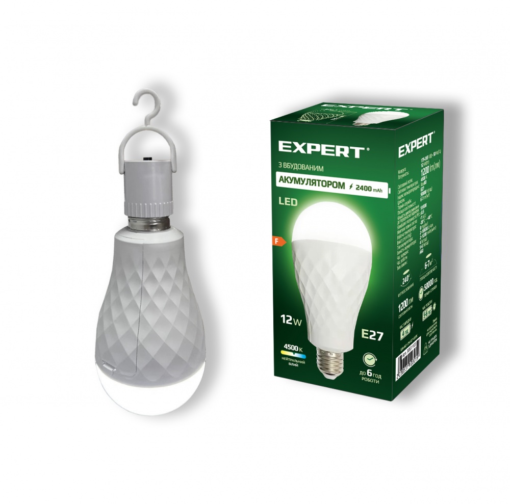 Лампа аккумуляторная LED Expert 2400mAH 1200Lm 12 Вт A60 E27 175 В 4500 К