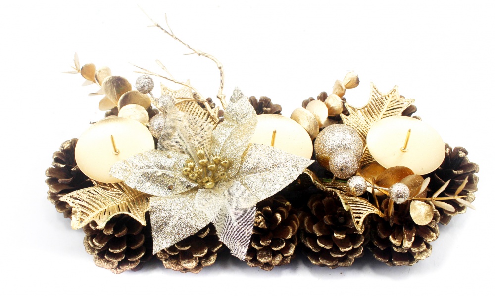 Декорация новогодняя подсвечник с шишками, пуансетией W01-1286/8