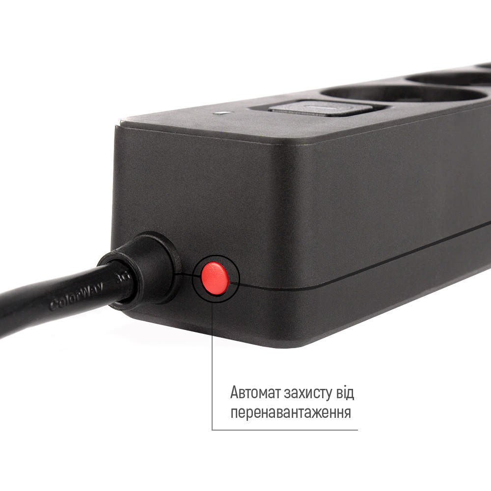 Сетевой фильтр ColorWay 3USB (2USB-A +1 TYPE-C) (24W) с заземлением 4 гн. черный 5 м CW-CHE435PDB