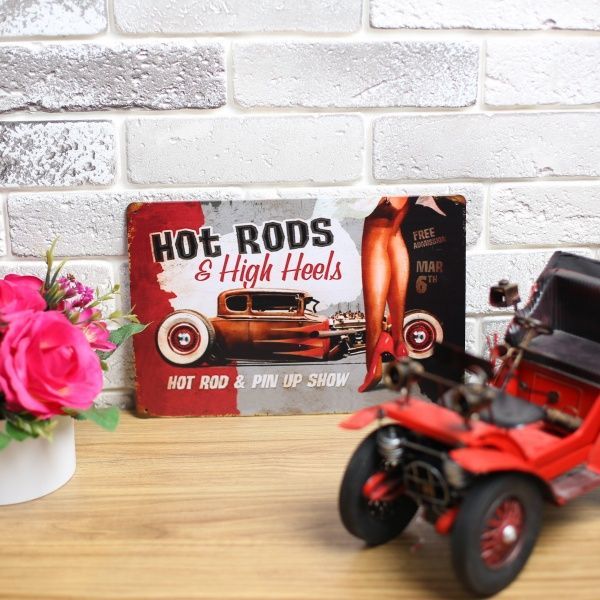 Табличка жестяная печатная Hot rods 20x30 см разноцветный 