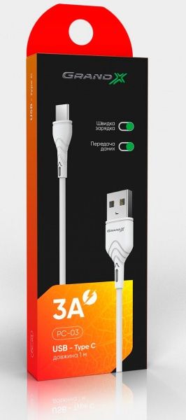 Кабель Grand-X USB-type C 3A Fast Сharge 1 м white (PC-03W) 