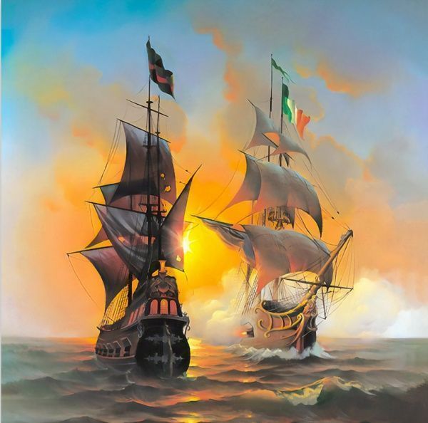 Репродукция Морская баталия двух кораблей 48x48 см i_48_00031 