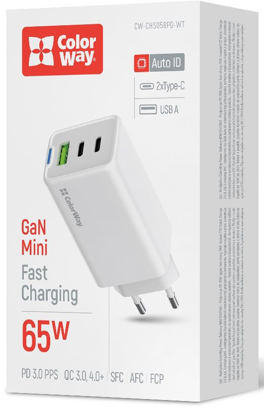 Сетевое зарядное устройство ColorWay GaN Mini 65W PD Port PPS USB (USB-2C1A) белый (CW-CHS058PD-WT)