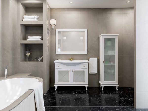 Тумба напольная Aqua Rodos Беатриче 80 белая патина хром с умывальником New Klasik