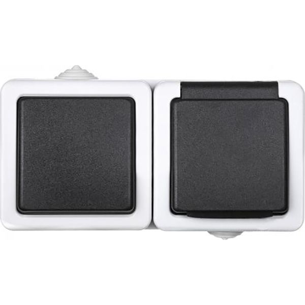 Розетка + вимикач вологозахищена із заземленням Титан зі шторками з кришкою білий із чорним 88624