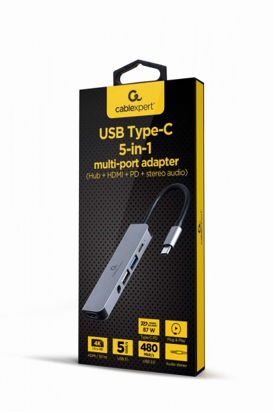 Док-станція Cablexpert USB-C 5-в-1 (хаб/HDMI/PD/Аудио 3,5) dark grey (A-CM-COMBO5-02) 