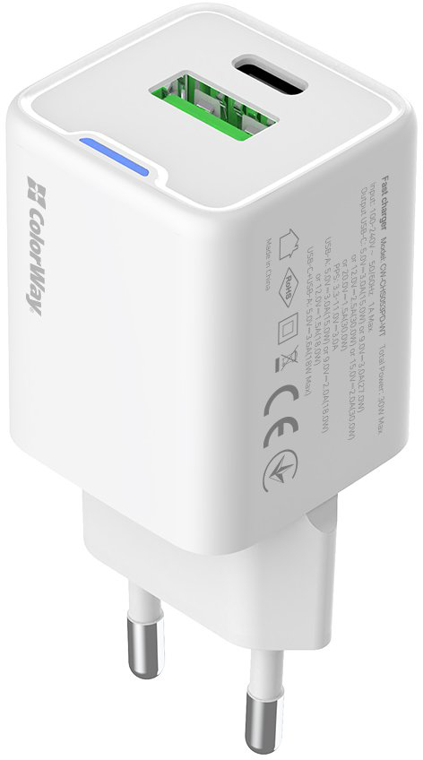 Сетевое зарядное устройство ColorWay GaN Mini 30W PD USB (Type-C PD + USB QC4.0) white