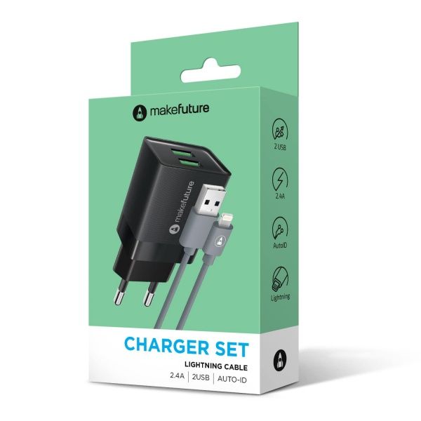 Зарядное устройство MakeFuture 2.4A 2USB Auto-ID Black + кабель Lightning MCWC-L22BK