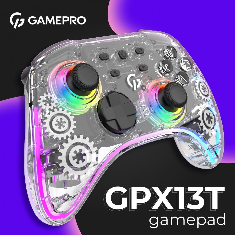 Геймпад беспроводной GamePro GPX13T 2.4G/BT 5.1/USB (Switch/PC/iOS/Android) RGB transparent