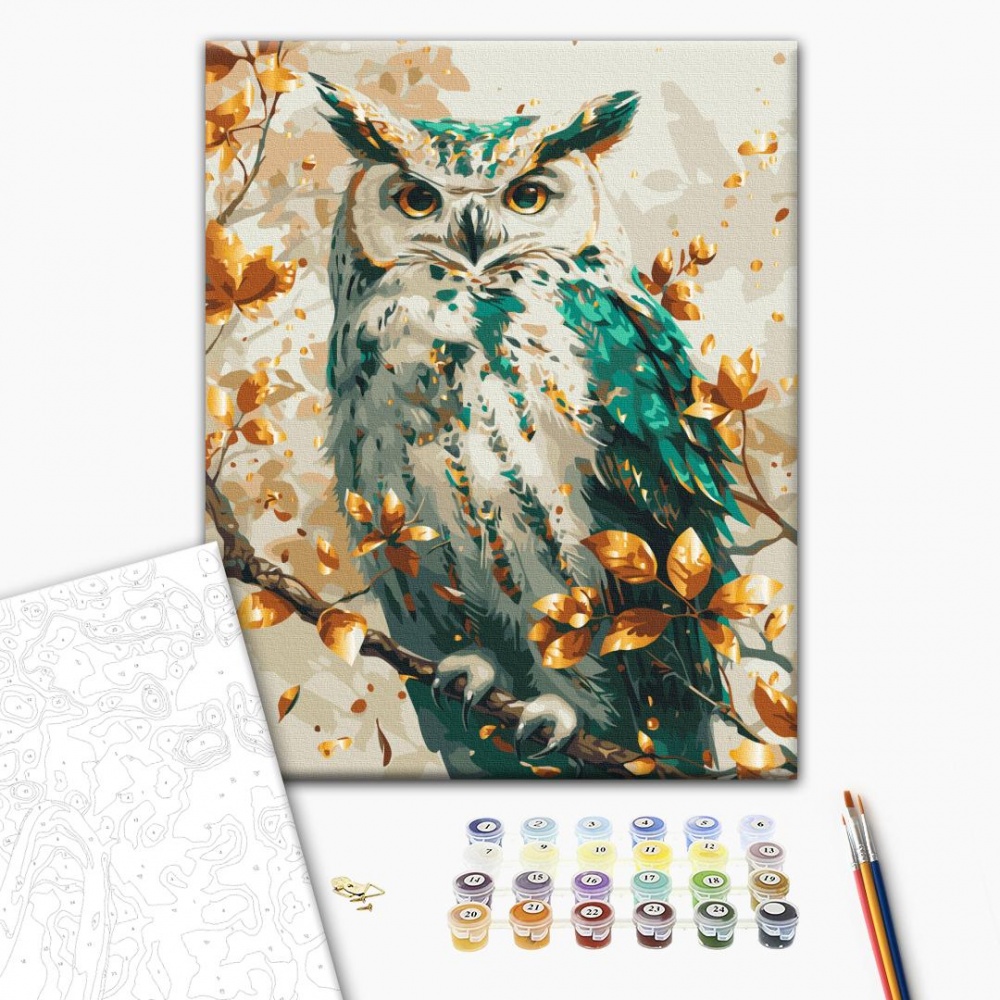 Картина за номерами Смарагдова сова з фарбами металік 40х50 см Brushme