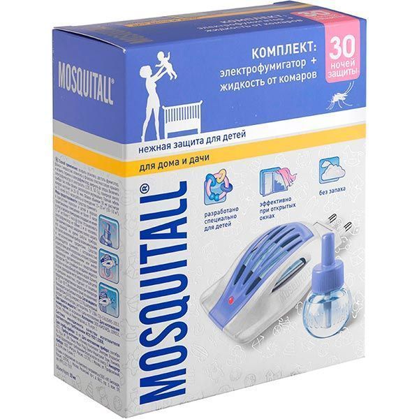 Комплект для защиты от комаров Mosquitall Нежная защита для детей: электрофумигатор и жидкость от комаров 30 мл