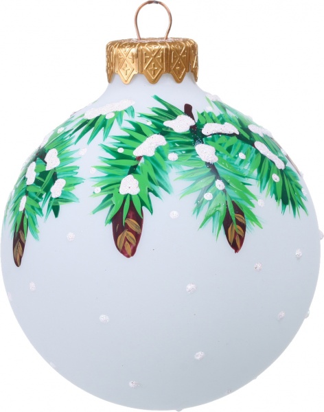 Шар новогодний сосновая ветвь с рисунком d 80 мм белый