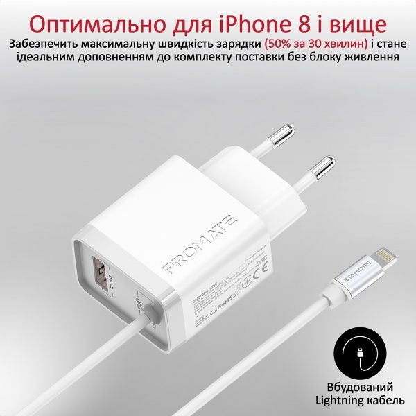 Зарядное устройство Promate iCharge-PDQC3 20Вт PD Lightning connector+USB QC3.0 White (icharge-pdqc3.white)