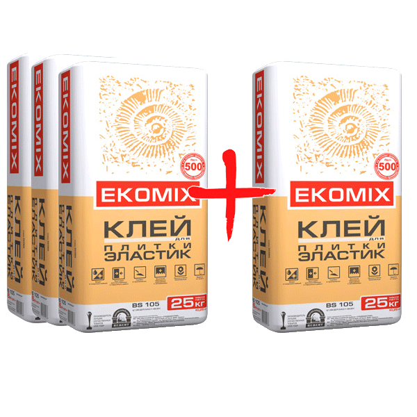Клей для плитки Ekomix Эластик BS 105 25 кг 3 мешка + 1 мешок в подарок