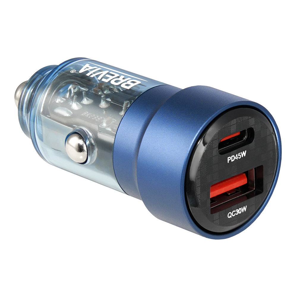 Автомобільний зарядний пристрій Brevia ePower DualCharge 75W 1xUSB-C+1xUSB-A, transparent blue