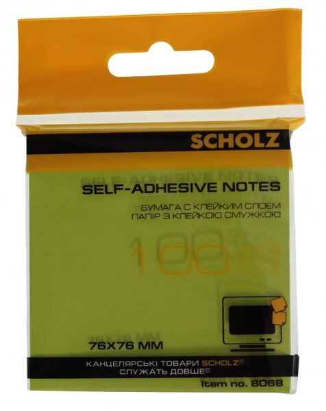 Бумага для заметок с липким слоем 76х76 мм 100 лист. неон цвет в ассортименте 8068 SCHOLZ