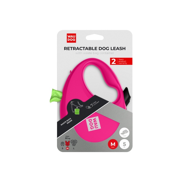 Поводок-рулетка Waudog R-leash с контейнером для пакетов M до 20 кг 5 м розовый