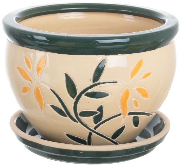 Горшок Viet Thanh Ceramic с блюдцем веточка 23х16 см VT.10051-2 круглый бежевый с зеленым 