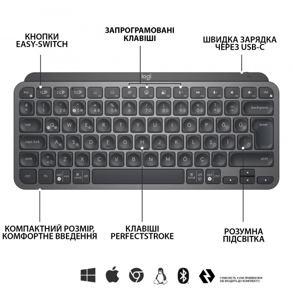 Клавиатура Logitech MX Keys Mini Minimalist Wireless Illuminated (L920-010498) graphite 