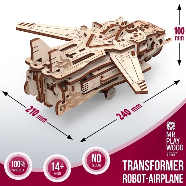 Дерев'яний 3D-конструктор Mr.Playwood Трансформер робот-літак механічний 10103