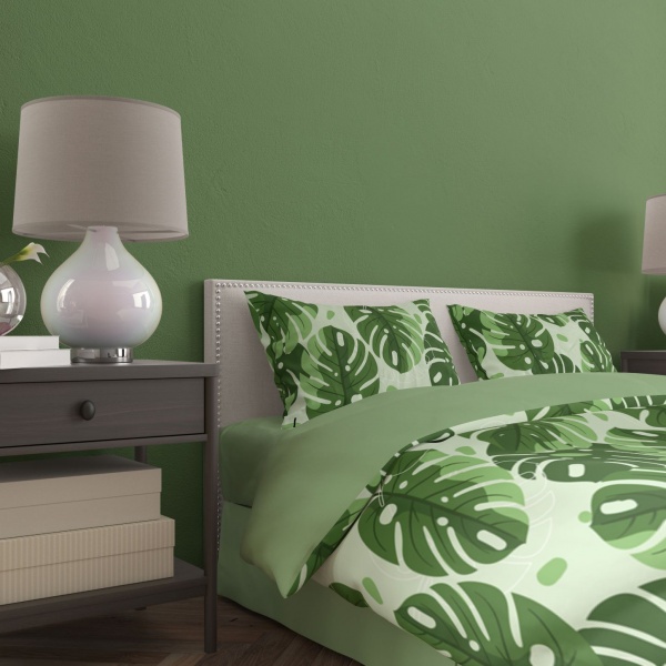Комплект постельного белья Монстера евро зеленый с рисунком Rigel 