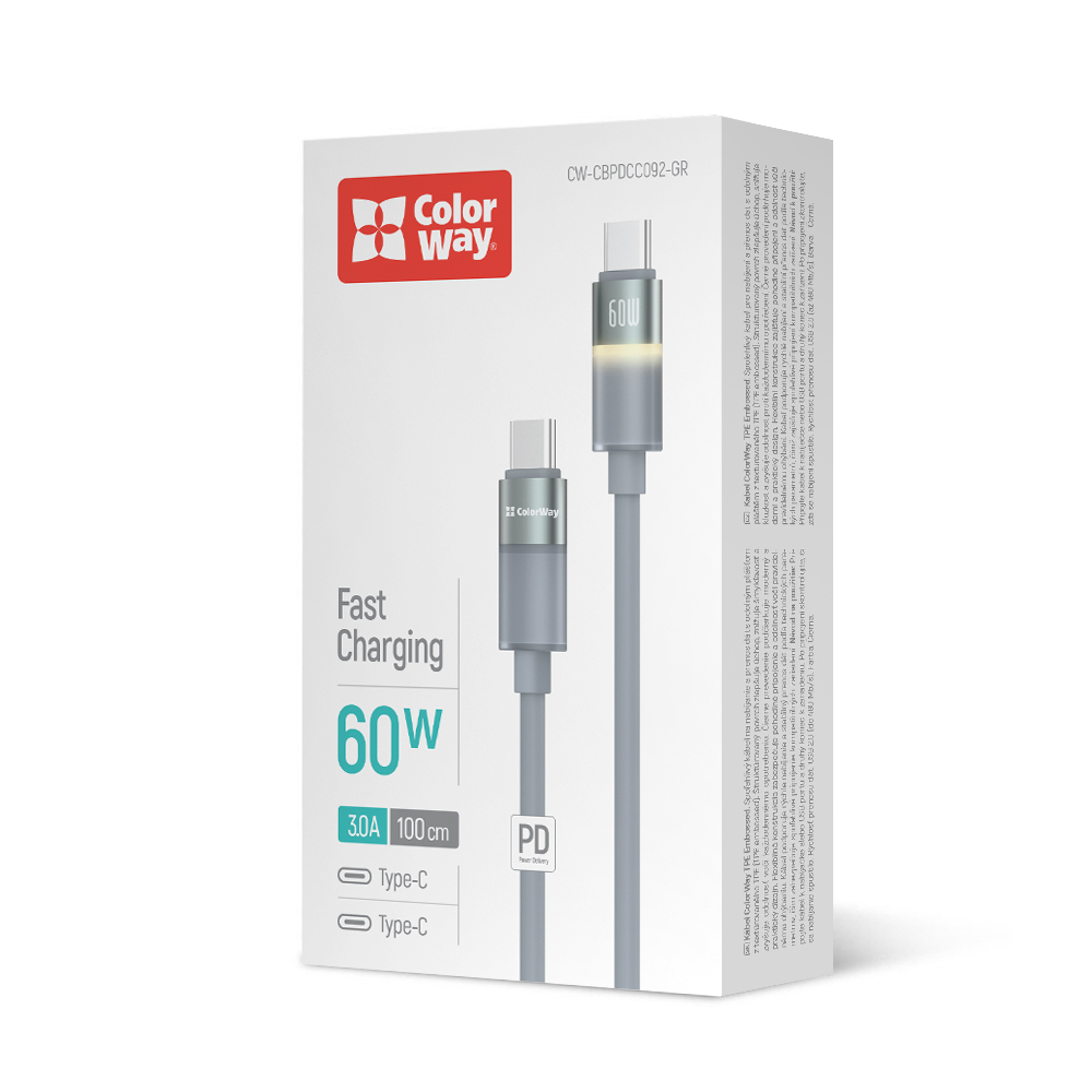 Дата-кабель ColorWay Type-C - Type-C (warm light) (PD Fast Charging 60W) 3А 1 м grey (CW-CBPDCC092-GR) — фото 1
