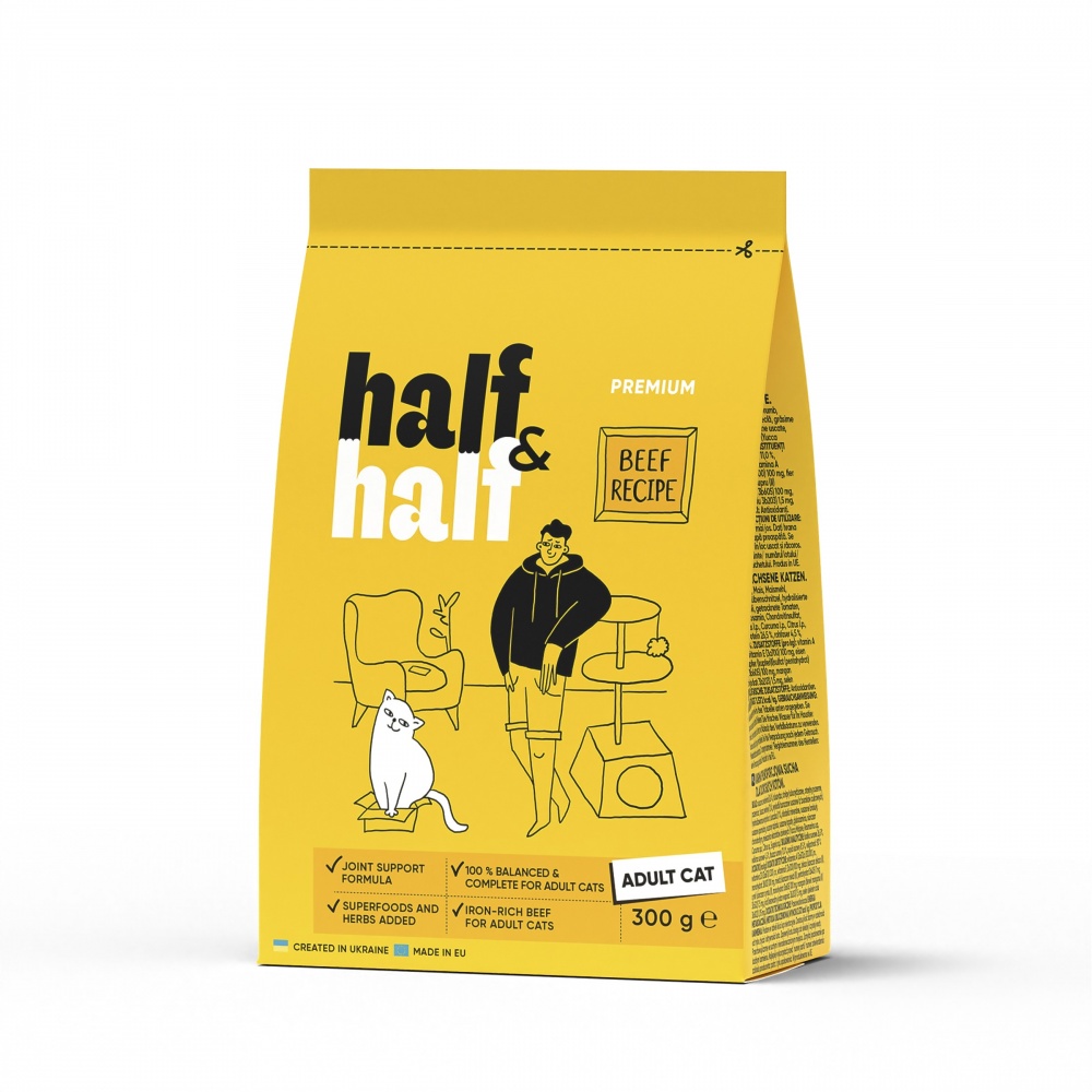 Корм сухой для взрослых котов Half&Half с говядиной 300 г