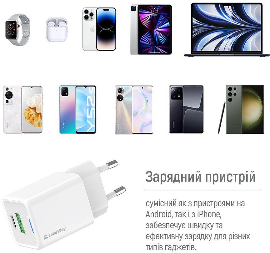 Сетевое зарядное устройство ColorWay GaN Mini 30W PD USB (Type-C PD + USB QC4.0) white