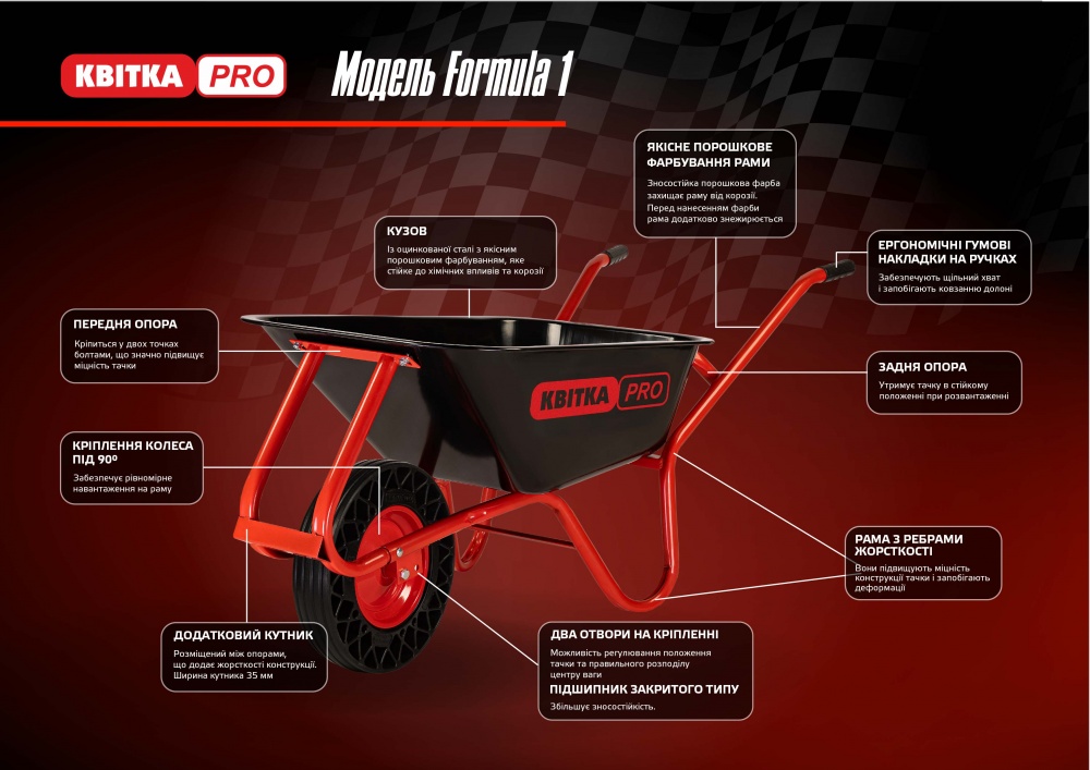 Тачка садово-строительная КВІТКА PRO 100 л до 180 кг Industrial (110-4098)