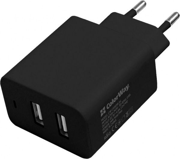 Сетевое зарядное устройство ColorWay 2 USB Auto ID 4.8A (24 W) CW-CHS016-BK